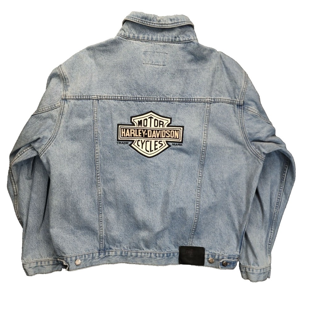 Harley Davidson Mens Denim Trucker Jacket Light Wash Blue XL‎ Bar & Shield Logo